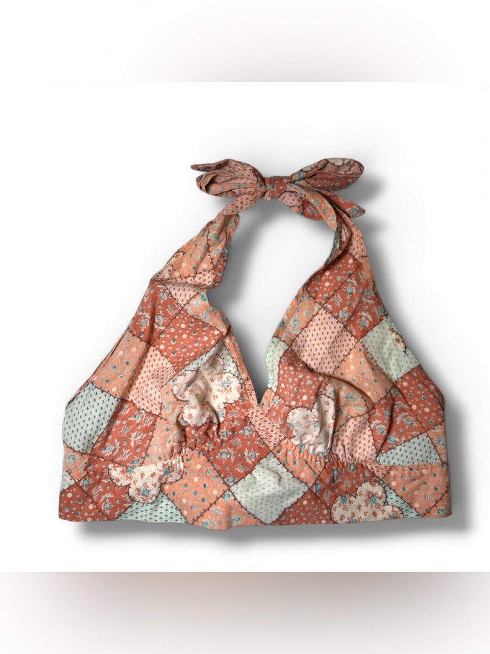 Patchwork Floral Halter Top in Coral and Mint